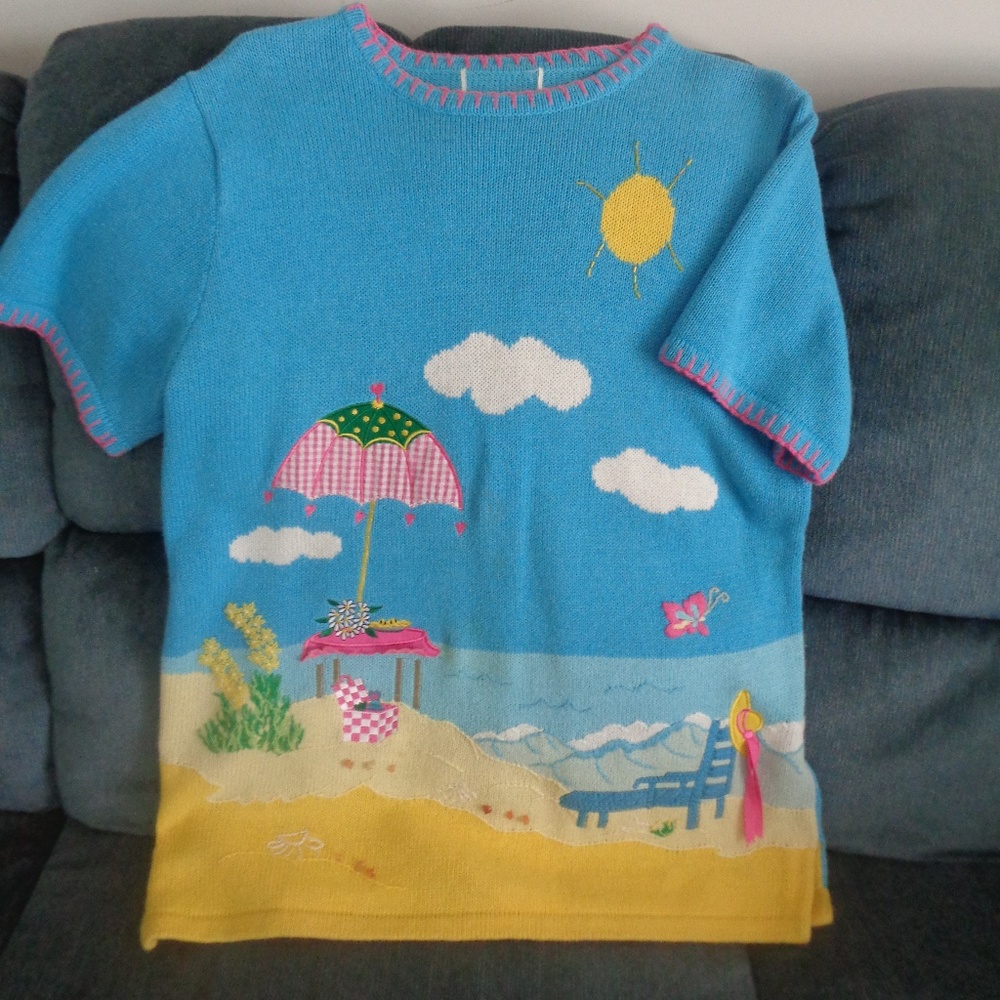 Quacker Factory Blue Sweater & Pink Capris Size M